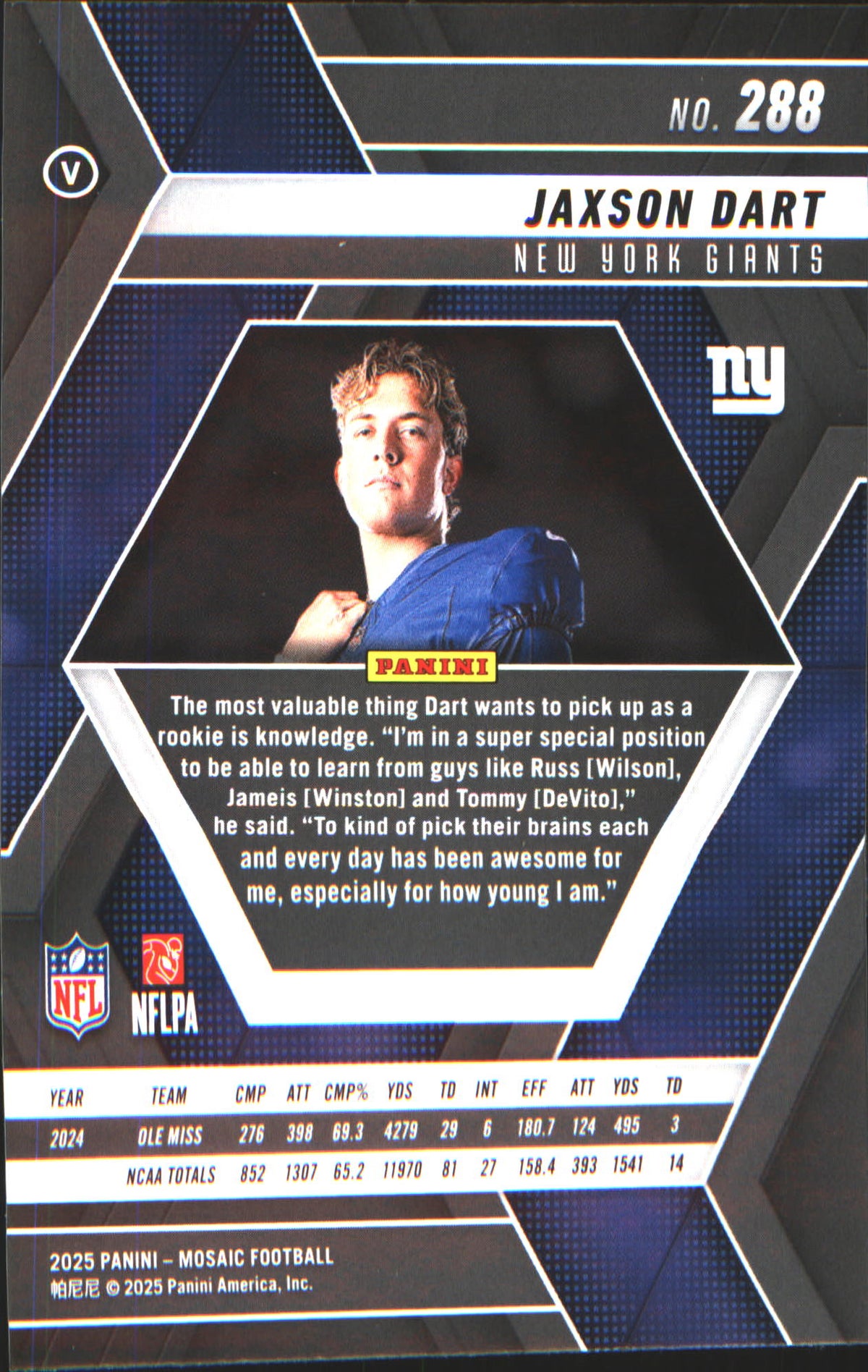 2025 Panini Mosaic #288 Jaxson Dart Rookie RC - Veteran Sports Cards FL