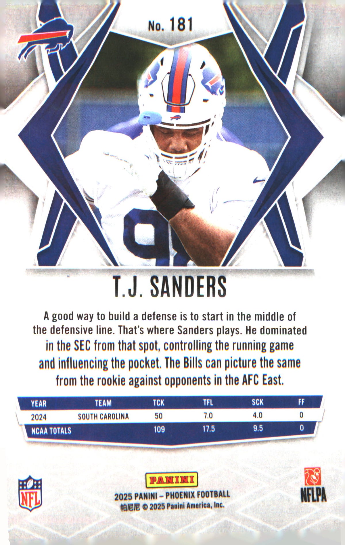 2025 Panini Phoenix #181 T.J. Sanders Rookie RC - Veteran Sports Cards FL