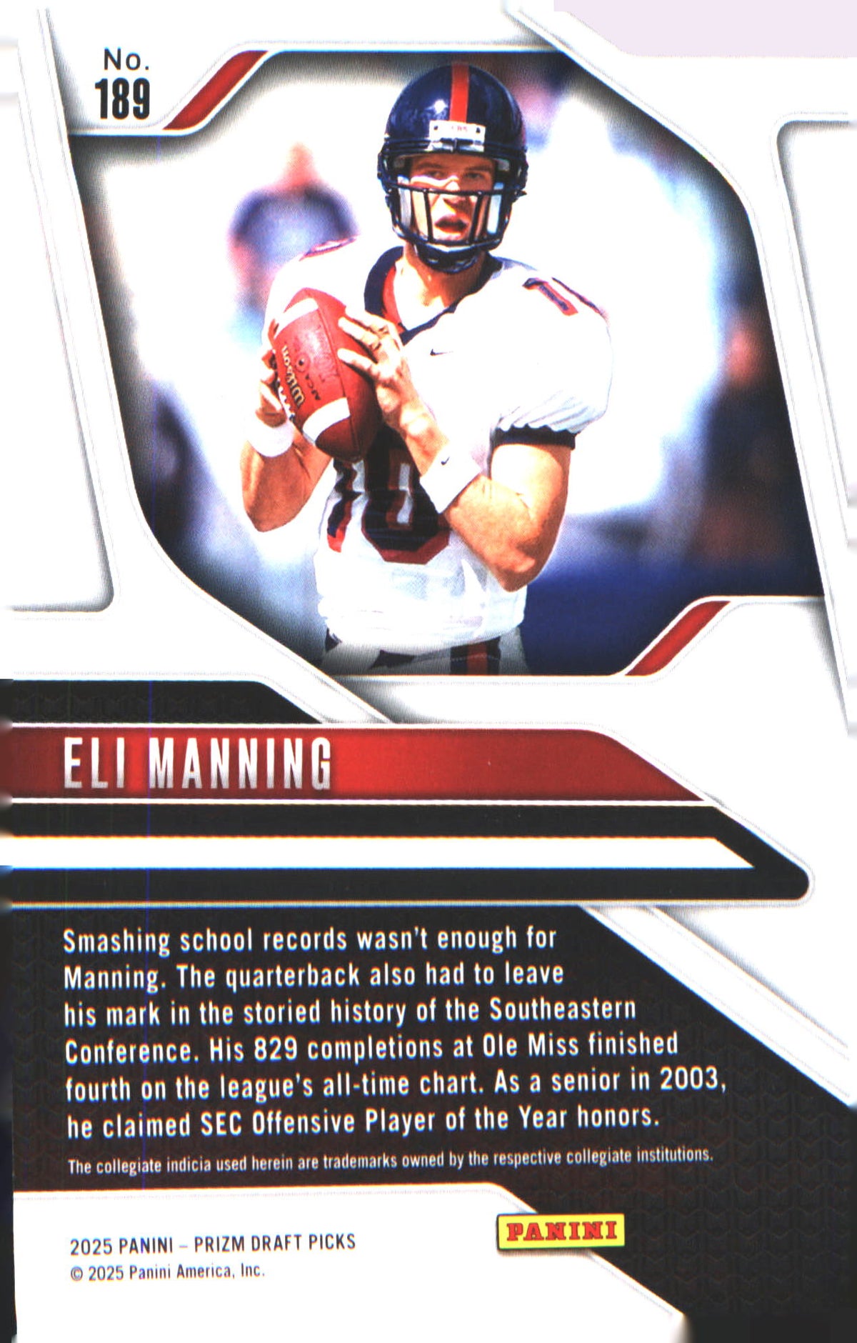 2025 Panini Prizm Draft Picks #189 Eli Manning - Veteran Sports Cards FL
