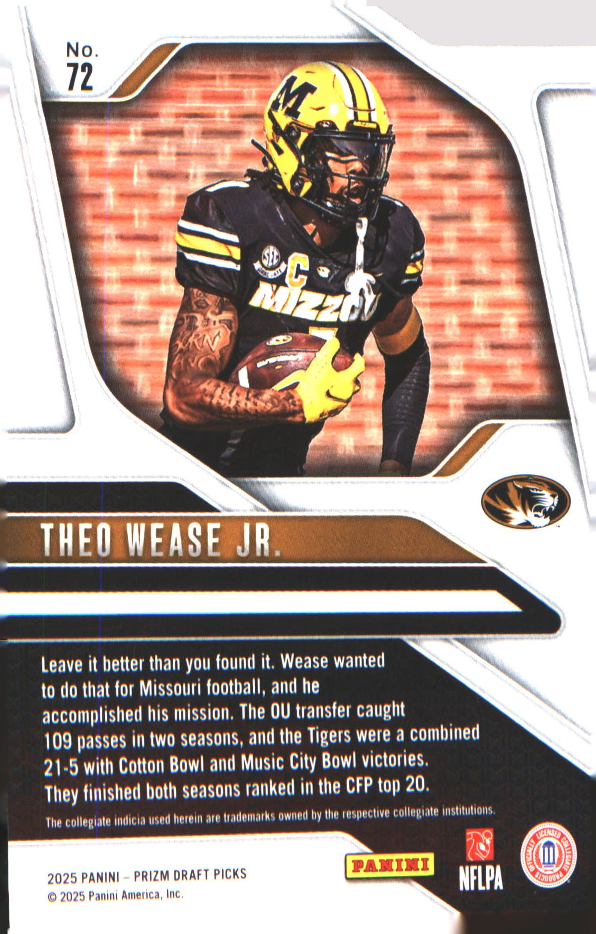 2025 Panini Prizm Draft Picks #72 Theo Wease Jr. - Veteran Sports Cards FL