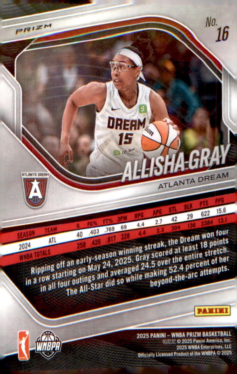 2025 Panini Prizm WNBA Silver Prizms #16 Allisha Gray - Veteran Sports Cards FL