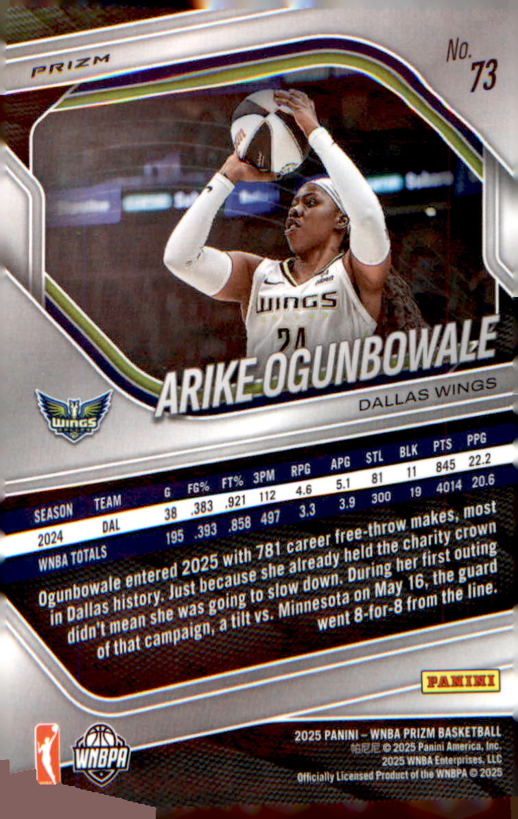 2025 Panini Prizm WNBA Silver Prizms #73 Arike Ogunbowale - Veteran Sports Cards FL