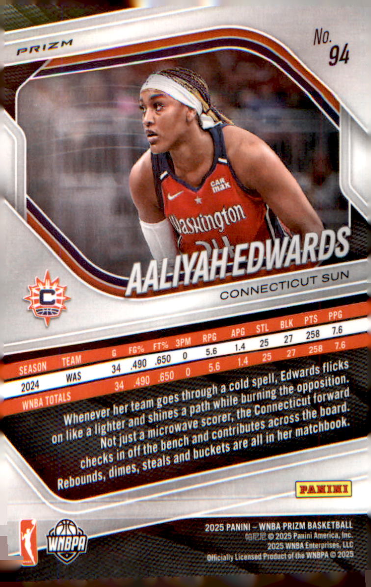2025 Panini Prizm WNBA Silver Prizms #94 Aaliyah Edwards - Veteran Sports Cards FL