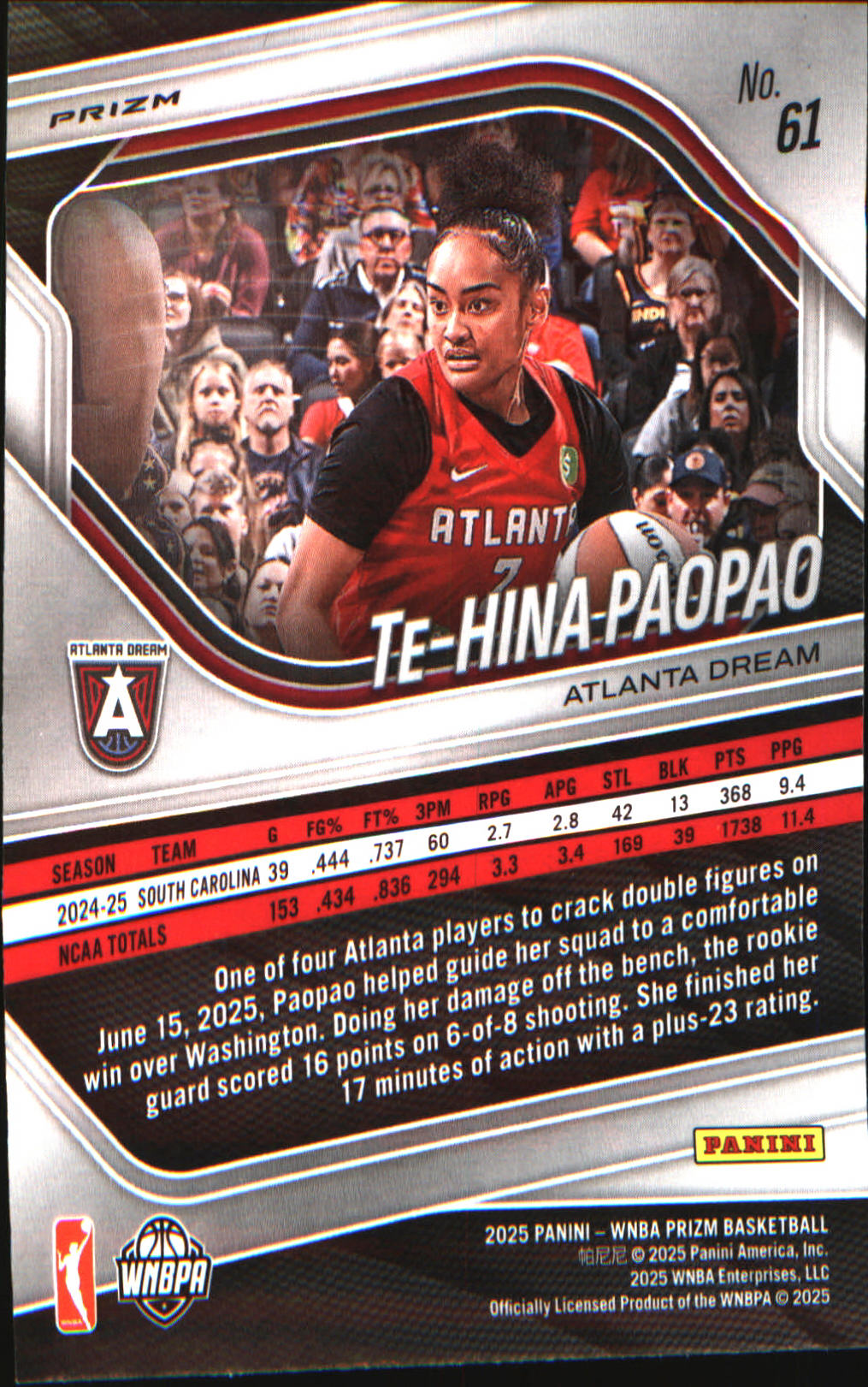 2025 Panini Prizm WNBA Green Prizms #61 Te-Hina Paopao - Veteran Sports Cards FL