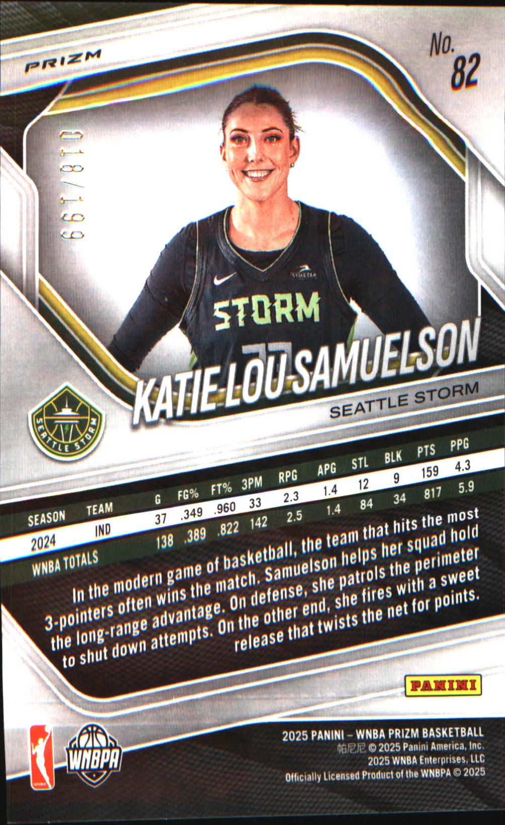 2025 Panini Prizm WNBA Blue Pulsar Prizms #82 Katie Lou Samuelson SN #/199 - Veteran Sports Cards FL