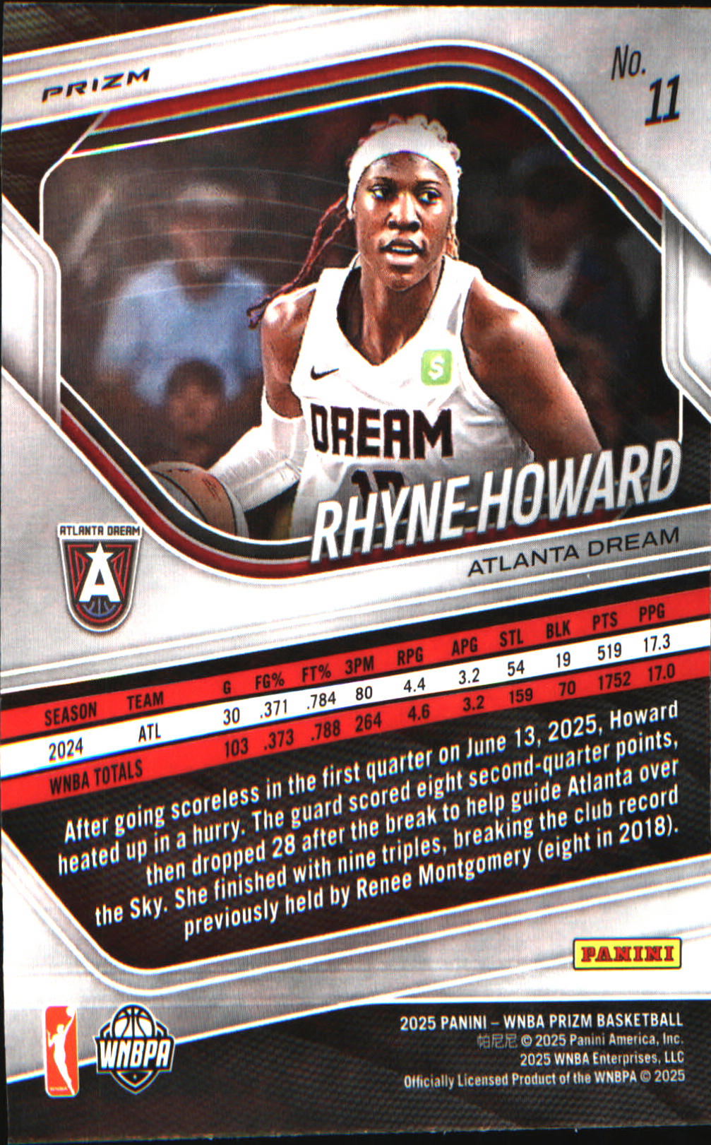 2025 Panini Prizm WNBA Blue Velocity Prizms #11 Rhyne Howard - Veteran Sports Cards FL