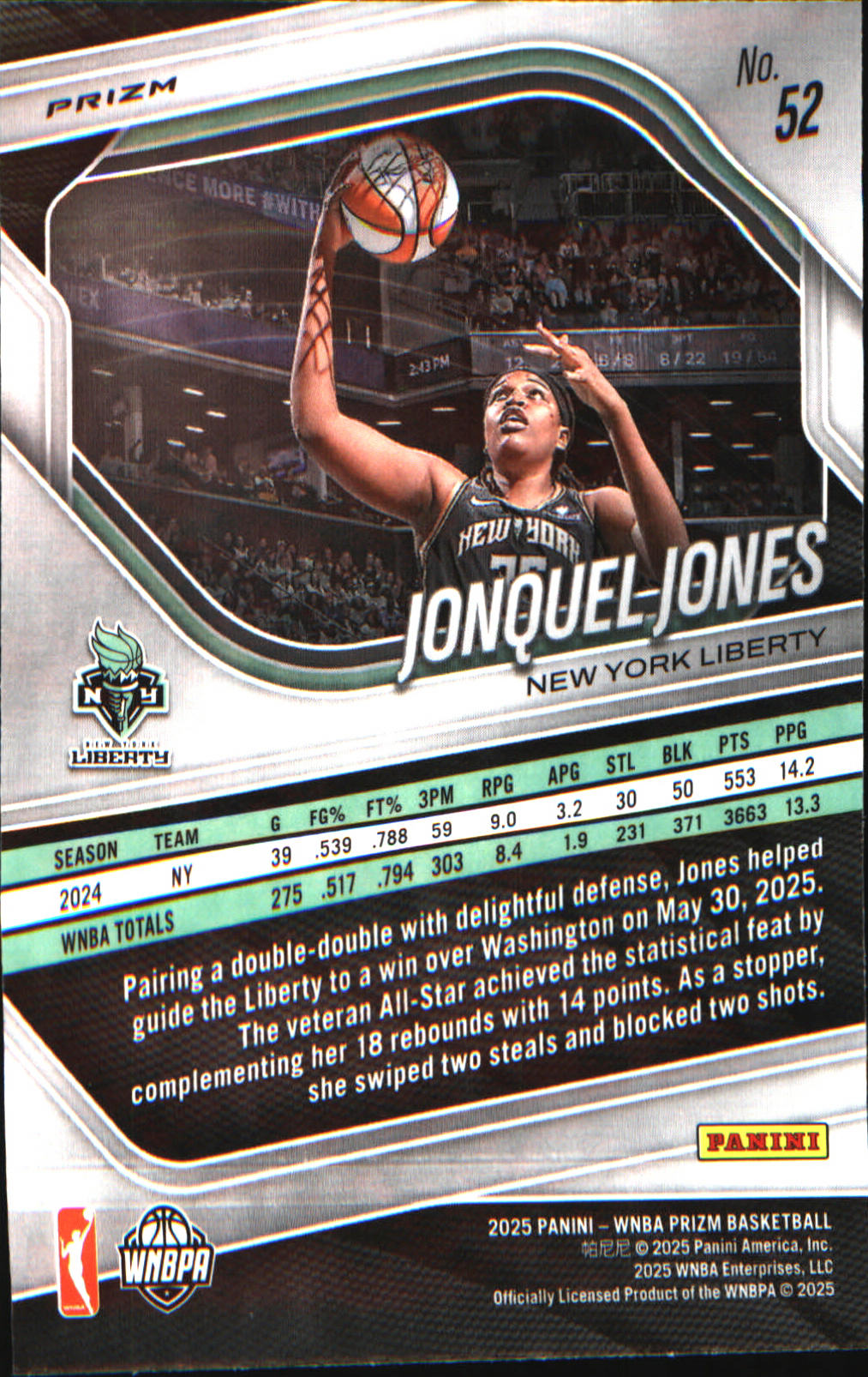2025 Panini Prizm WNBA Blue Velocity Prizms #52 Jonquel Jones - Veteran Sports Cards FL