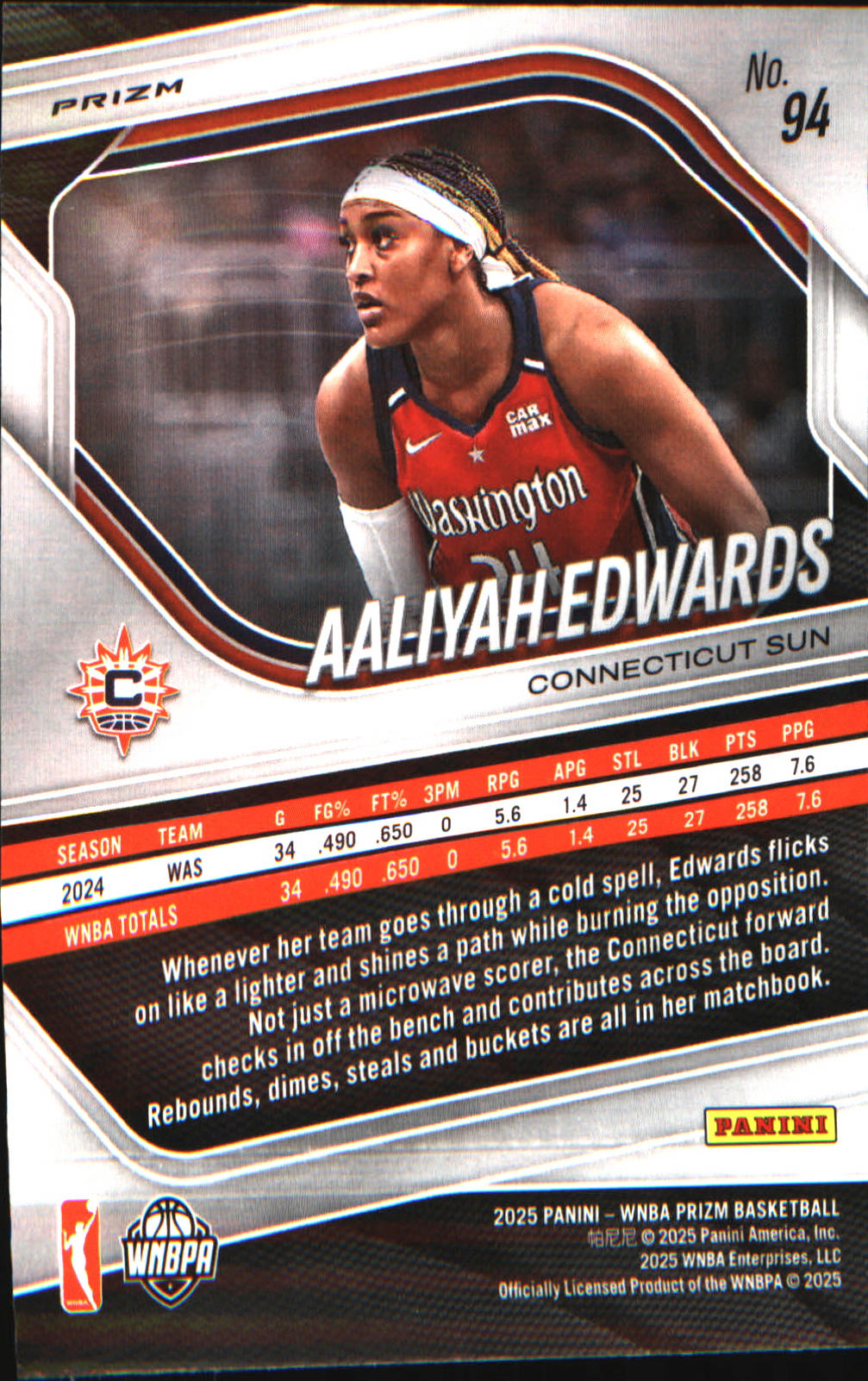 2025 Panini Prizm WNBA Blue Velocity Prizms #94 Aaliyah Edwards - Veteran Sports Cards FL