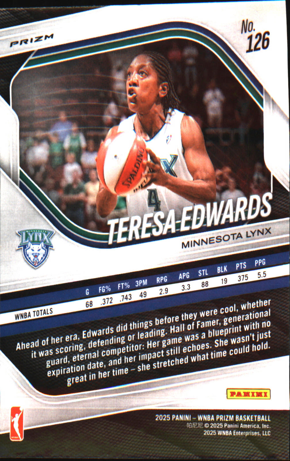 2025 Panini Prizm WNBA Blue Velocity Prizms #126 Teresa Edwards - Veteran Sports Cards FL