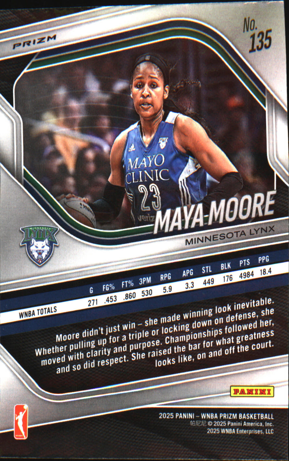 2025 Panini Prizm WNBA Blue Velocity Prizms #135 Maya Moore - Veteran Sports Cards FL