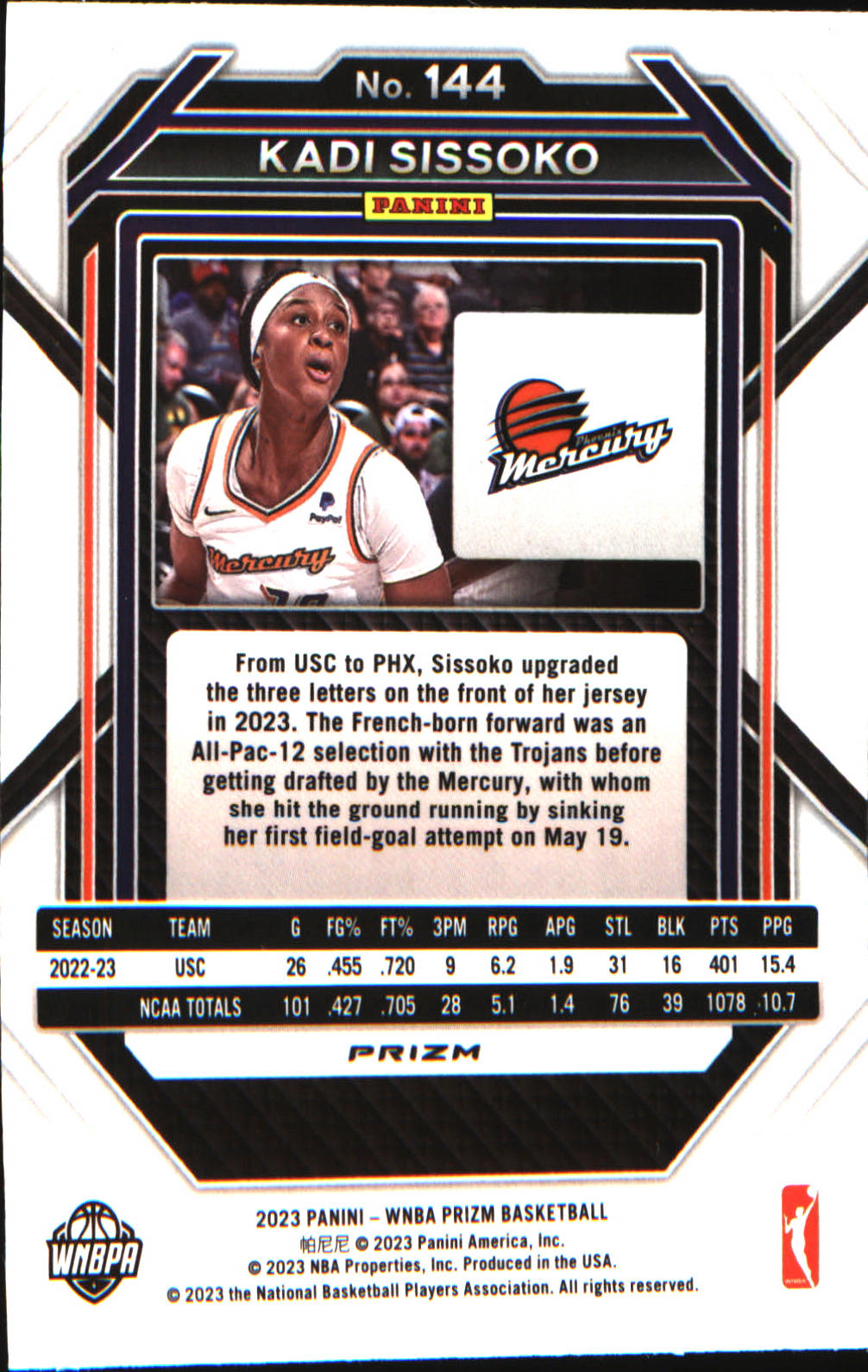 2023 Panini Prizm WNBA Ice Prizm #144 Kadi Sissoko Rookie RC - Veteran Sports Cards FL