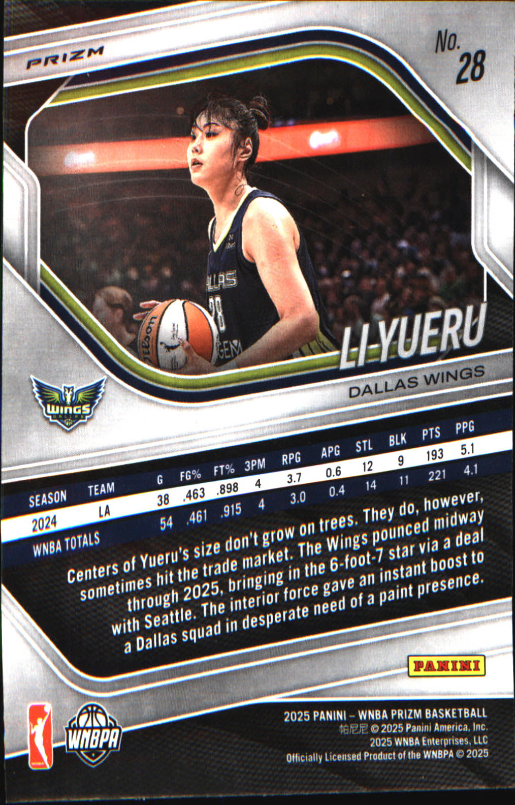 2025 Panini Prizm WNBA Ice Prizm #28 Li Yueru - Veteran Sports Cards FL