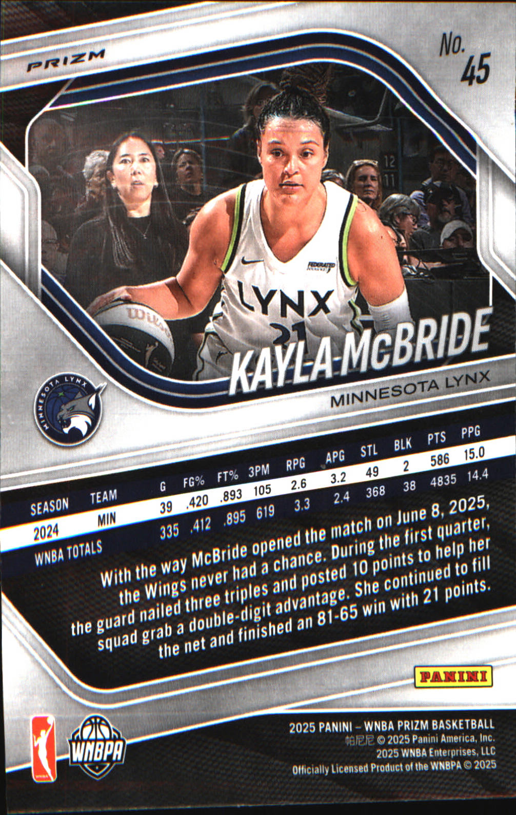 2025 Panini Prizm WNBA Ice Prizm #45 Kayla McBride - Veteran Sports Cards FL