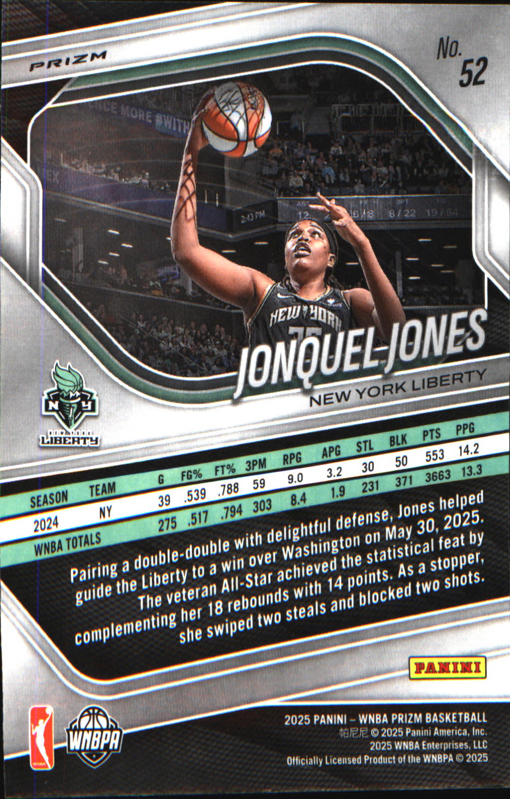 2025 Panini Prizm WNBA Ice Prizms #52 Jonquel Jones - Veteran Sports Cards FL