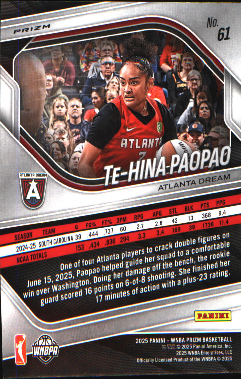 2025 Panini Prizm WNBA Ice Prizm #61 Te-Hina Paopao - Veteran Sports Cards FL