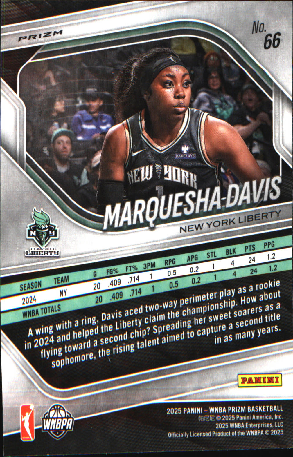 2025 Panini Prizm WNBA Ice Prizm #66 Marquesha Davis - Veteran Sports Cards FL