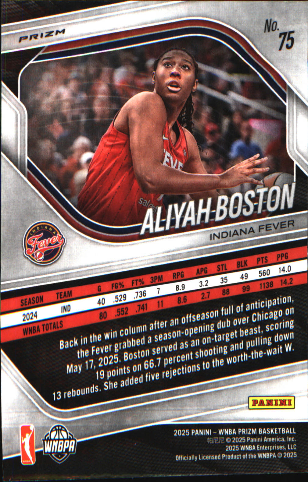 2025 Panini Prizm WNBA Ice Prizm #75 Aliyah Boston - Veteran Sports Cards FL