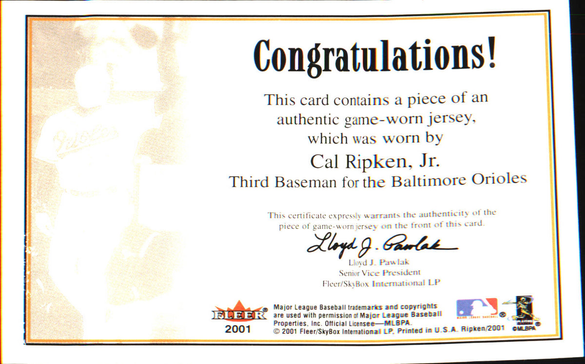 2001 Fleer Cal Ripken, Jr. Career Highlights Glossy Relics MEM, Game Worn - Veteran Sports Cards FL