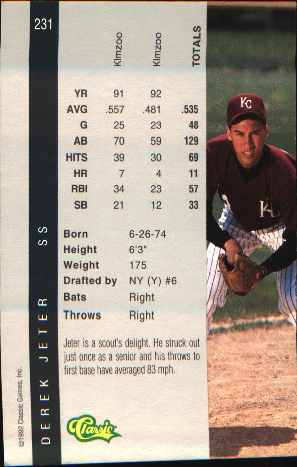 1992 Classic Four Sport #231 Derek Jeter - Veteran Sports Cards FL