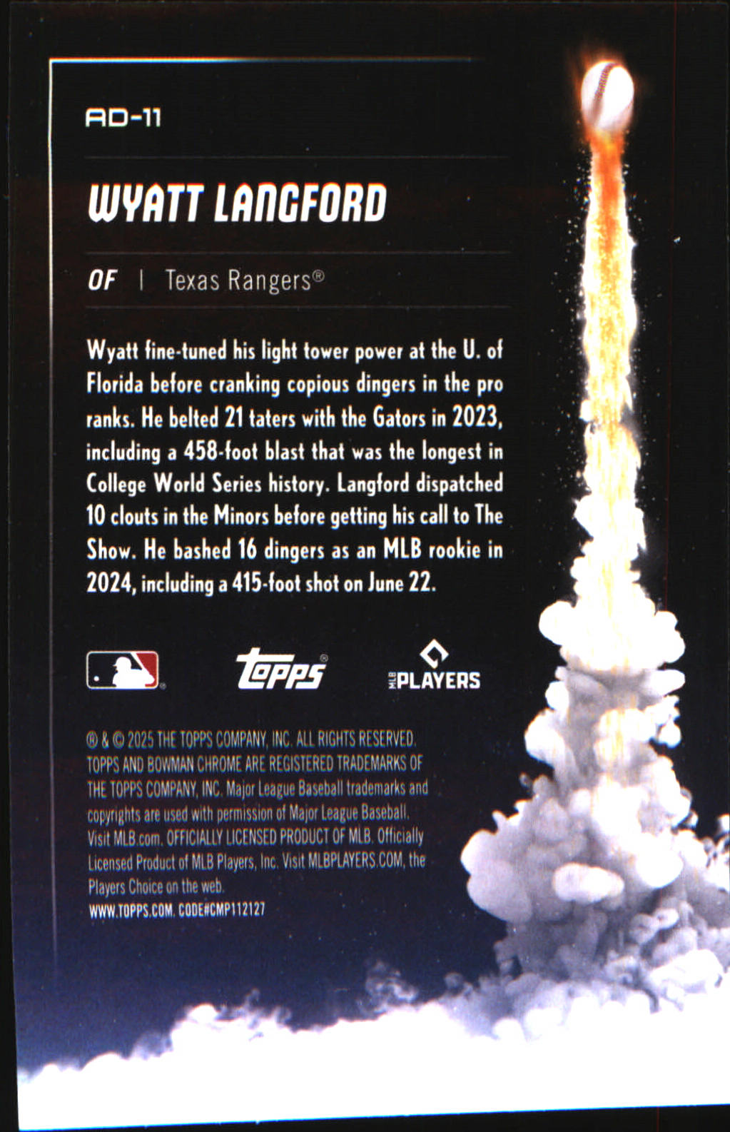2025 Bowman ChromeP Adios #AD-11 Wyatt Langford - Veteran Sports Cards FL