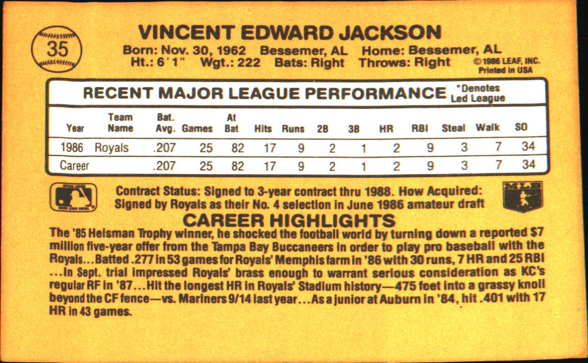 1987 Leaf #35 Bo Jackson Rookie RC - Veteran Sports Cards FL