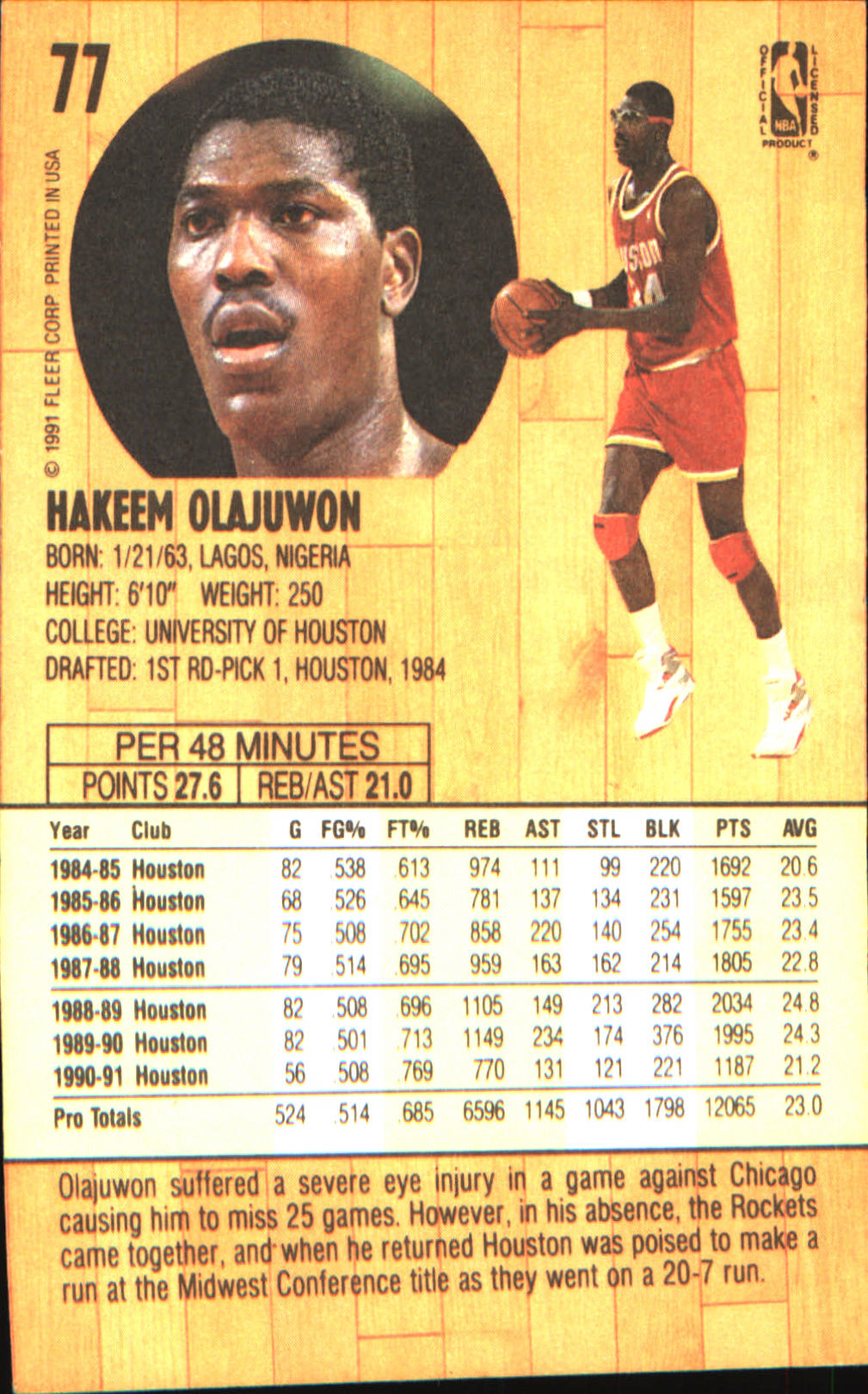 1991-92 Fleer #77 Hakeem Olajuwon - Veteran Sports Cards FL