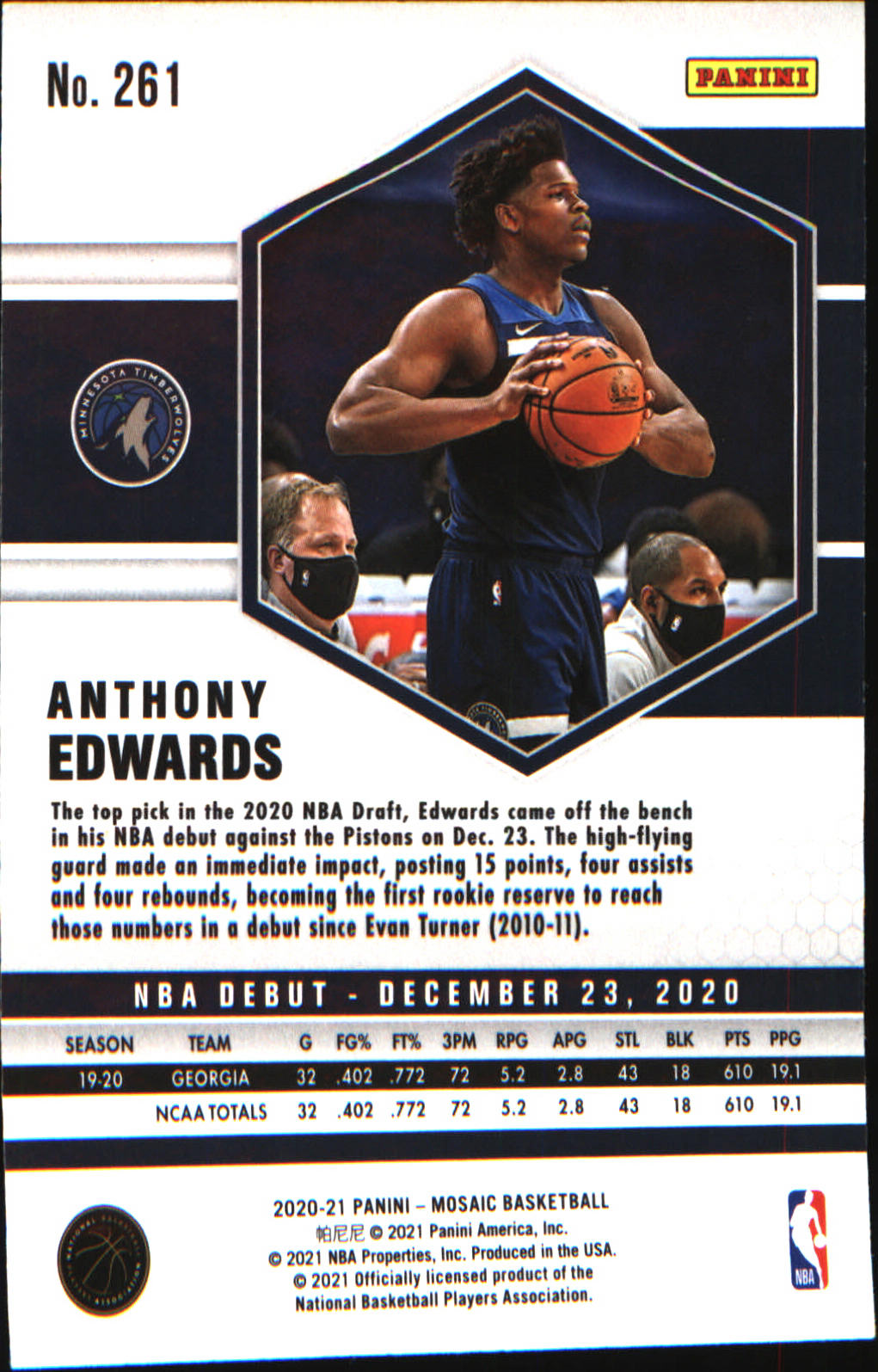 2020-21 Panini Mosaic RC Mosaic #261 Anthony Edwards - Veteran Sports Cards FL