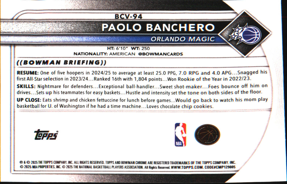 2025-26 Bowman Sapphire Blue Color Match Chrome #BCV-94 Paolo Banchero - Veteran Sports Cards FL
