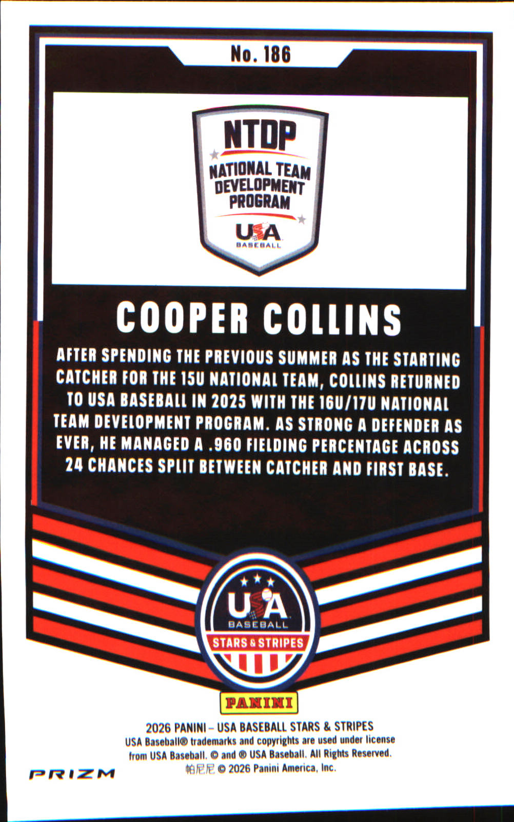 2026 Panini Stars & Stripes Prizm USA baseball Silver #186 Cooper Collins - Veteran Sports Cards FL