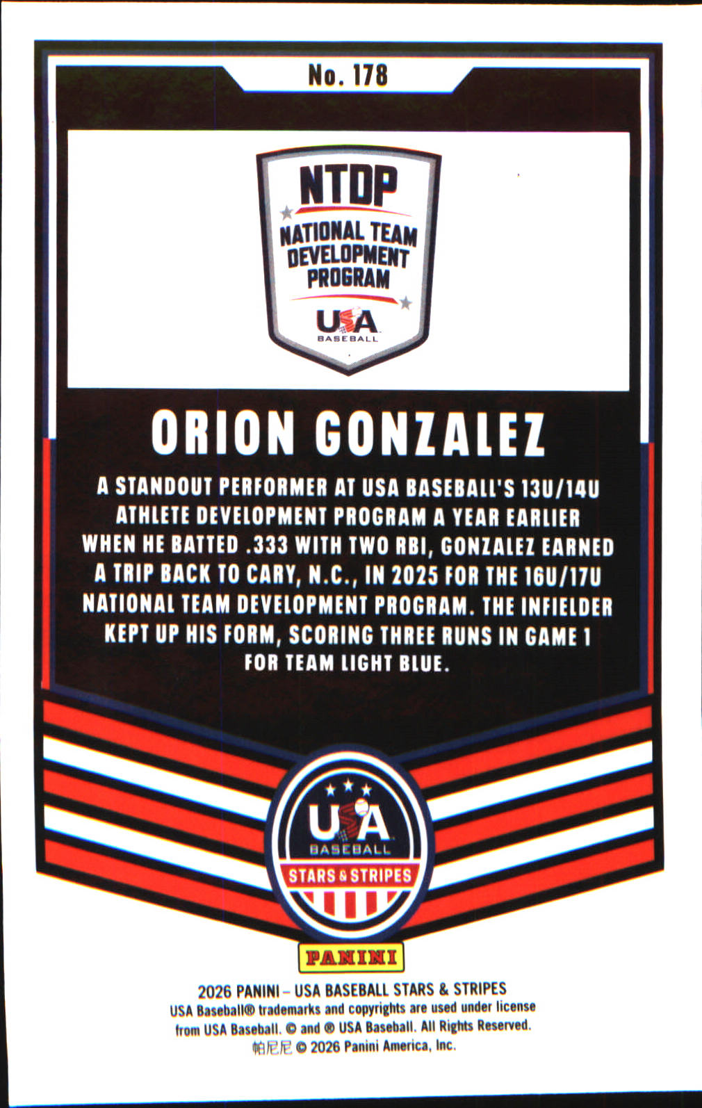 2026 Panini Stars & Stripes Prizm USA baseball #178 Orion Gonzalez - Veteran Sports Cards FL