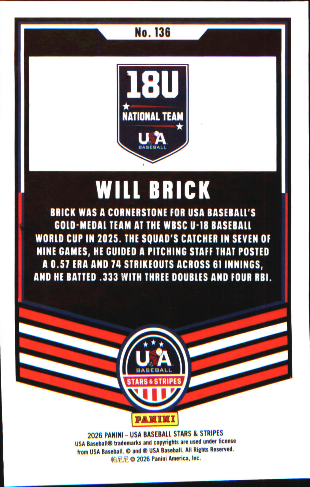 2026 Panini Stars & Stripes Prizm USA baseball #136 Will Brick - Veteran Sports Cards FL