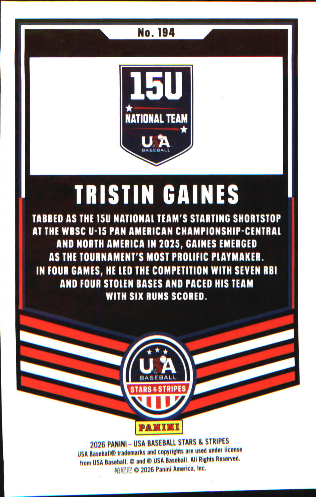 2026 Panini Stars & Stripes Prizm USA baseball #194 Tristin Gaines - Veteran Sports Cards FL