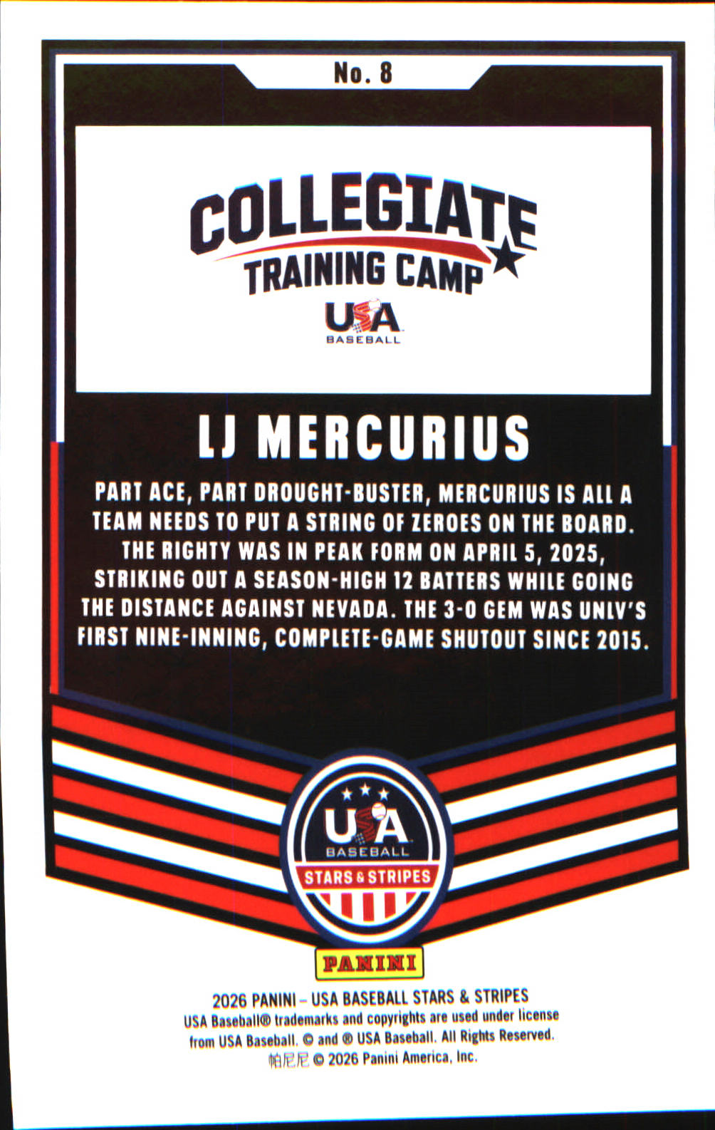 2026 Panini Stars & Stripes Prizm USA baseball #8 LJ Mercurius - Veteran Sports Cards FL
