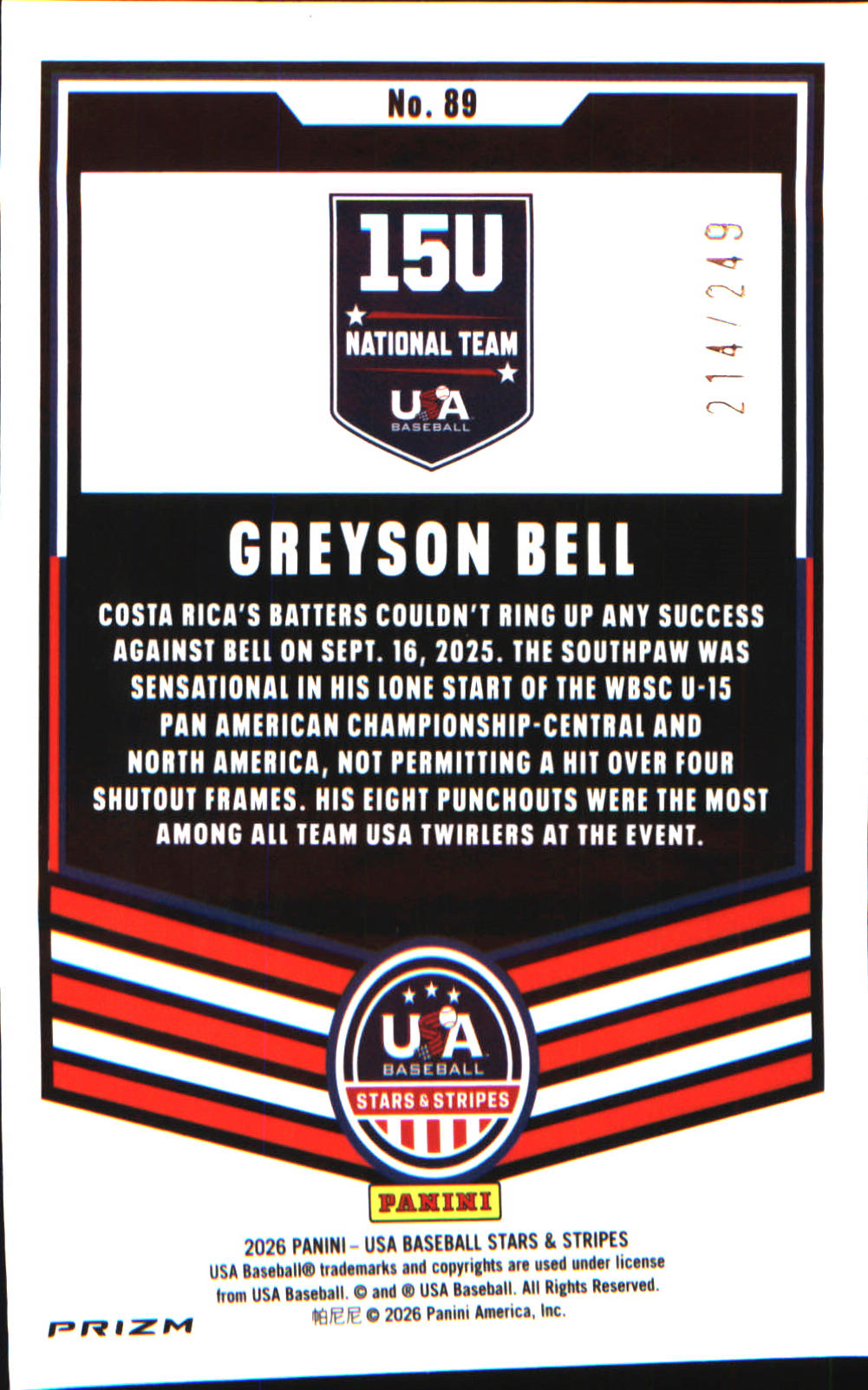 2026 Panini Stars & Stripes Prizm USA Orange Pulsar #89 Greyson Bell #/249 - Veteran Sports Cards FL