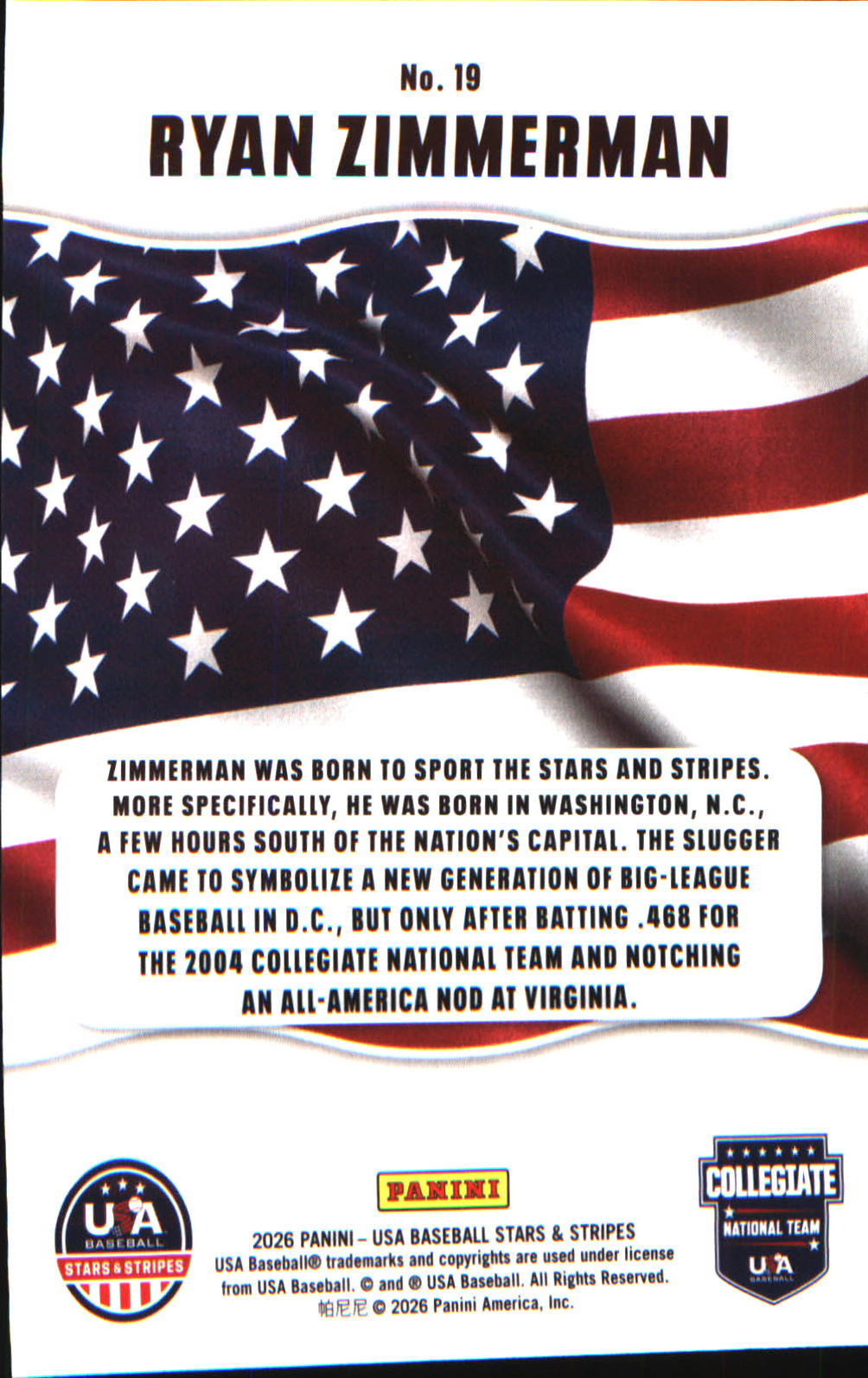 2026 Panini Stars & Stripes Prizm USA baseball All-American #19 Ryan Zimmerman - Veteran Sports Cards FL