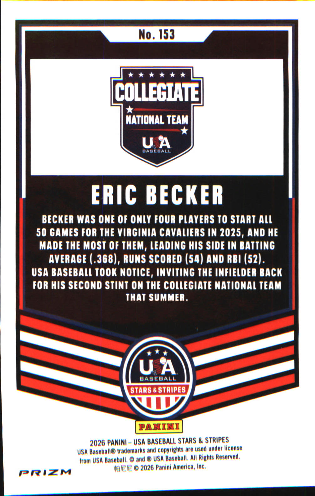 2026 Panini Stars & Stripes Prizm USA baseball Green #153 Eric Becker - Veteran Sports Cards FL