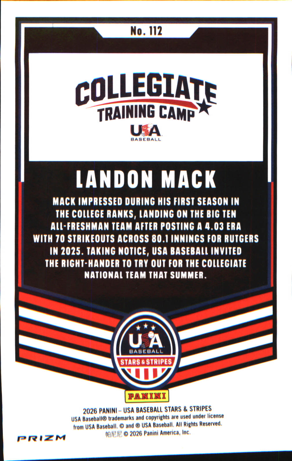 2026 Panini Stars & Stripes Prizm USA baseball Green #112 Landon Mack - Veteran Sports Cards FL