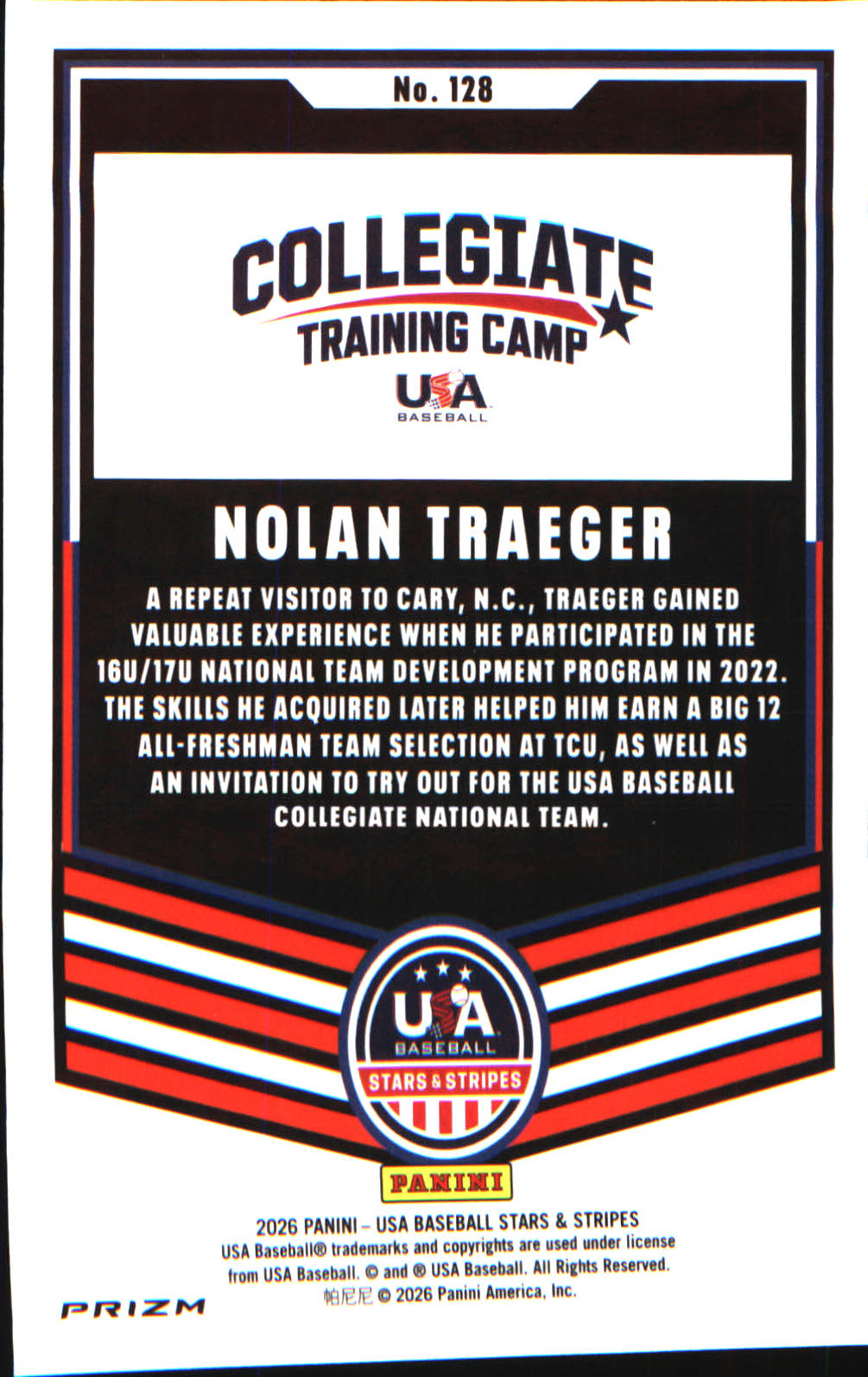 2026 Panini Stars & Stripes Prizm USA baseball Silver #128 Nolan Traeger - Veteran Sports Cards FL