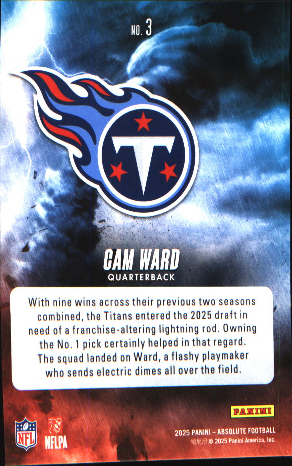 2025 Panini Absolute By Storm #3 Cam Ward - Veteran Sports Cards FL