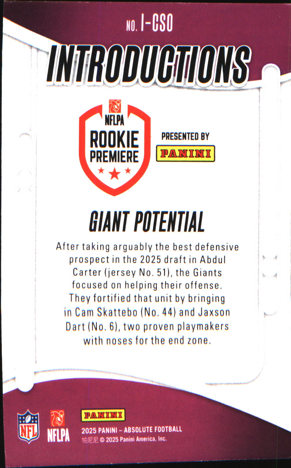 2025 Panini Absolute Introductions #I-CSO Giant Potential - Veteran Sports Cards FL