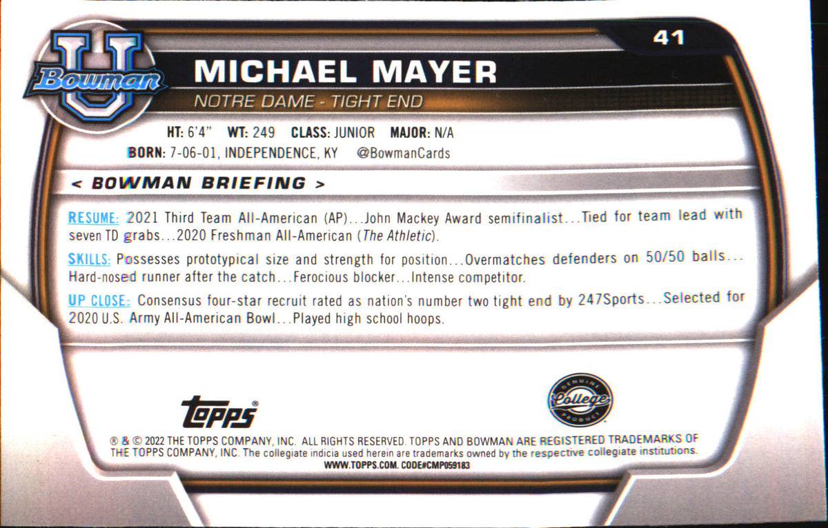 2022 Bowman University Chrome #41 Michael Mayer - Veteran Sports Cards FL