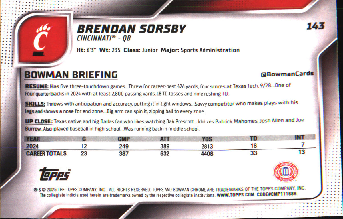 2025 Bowman University Chrome #143 Brendan Sorsby - Veteran Sports Cards FL