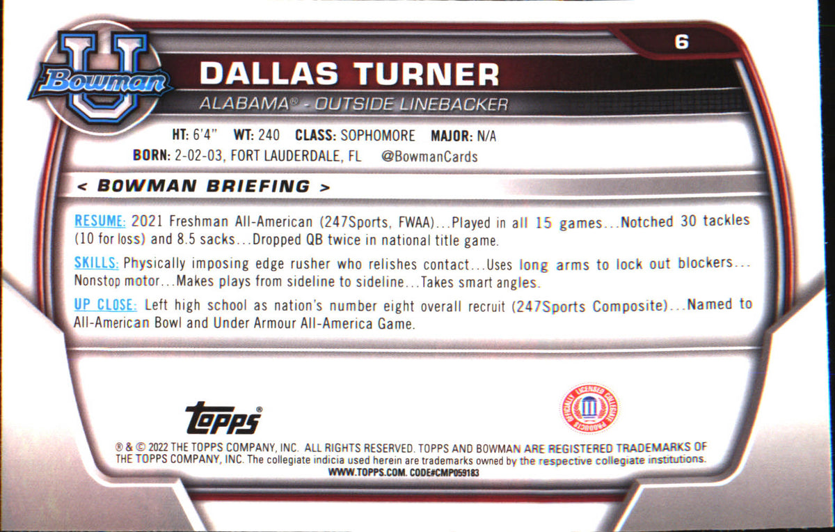 2022 Bowman University Chrome #6 Dallas Turner - Veteran Sports Cards FL