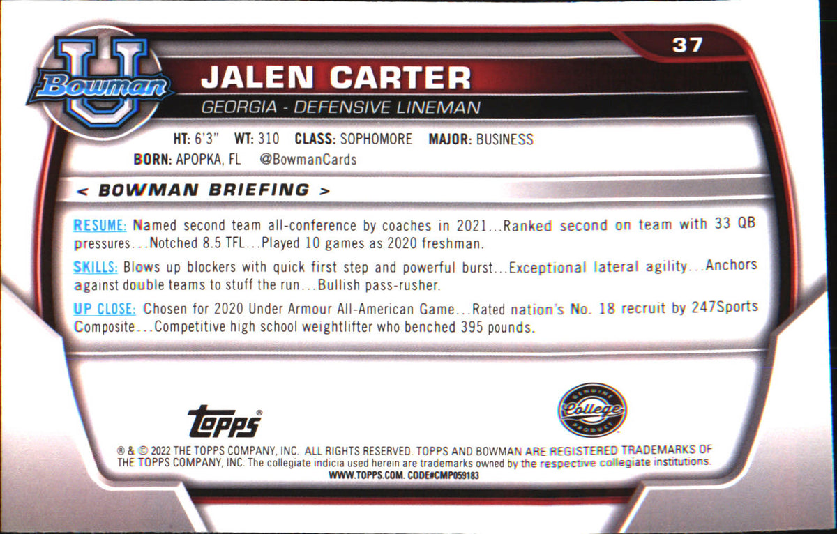 2022 Bowman University Chrome #37 Jalen Carter - Veteran Sports Cards FL