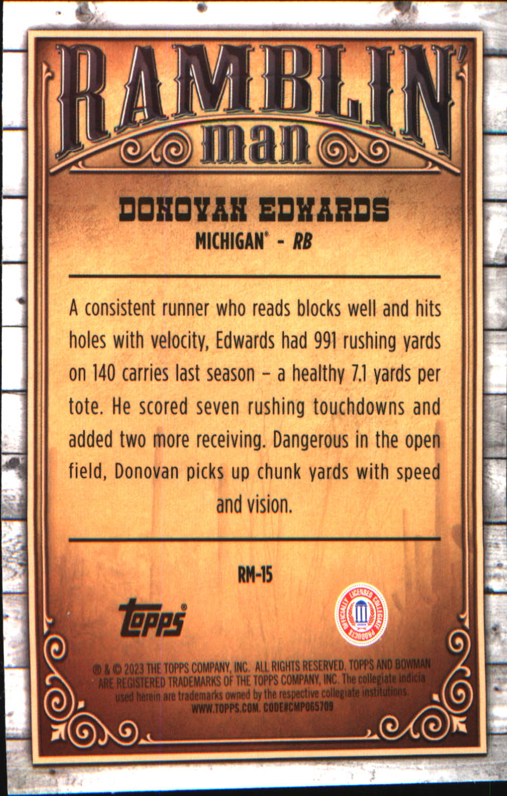 2023 Bowman University Chrome Ramblin' Man #RM-15 Donovan Edwards - Veteran Sports Cards FL
