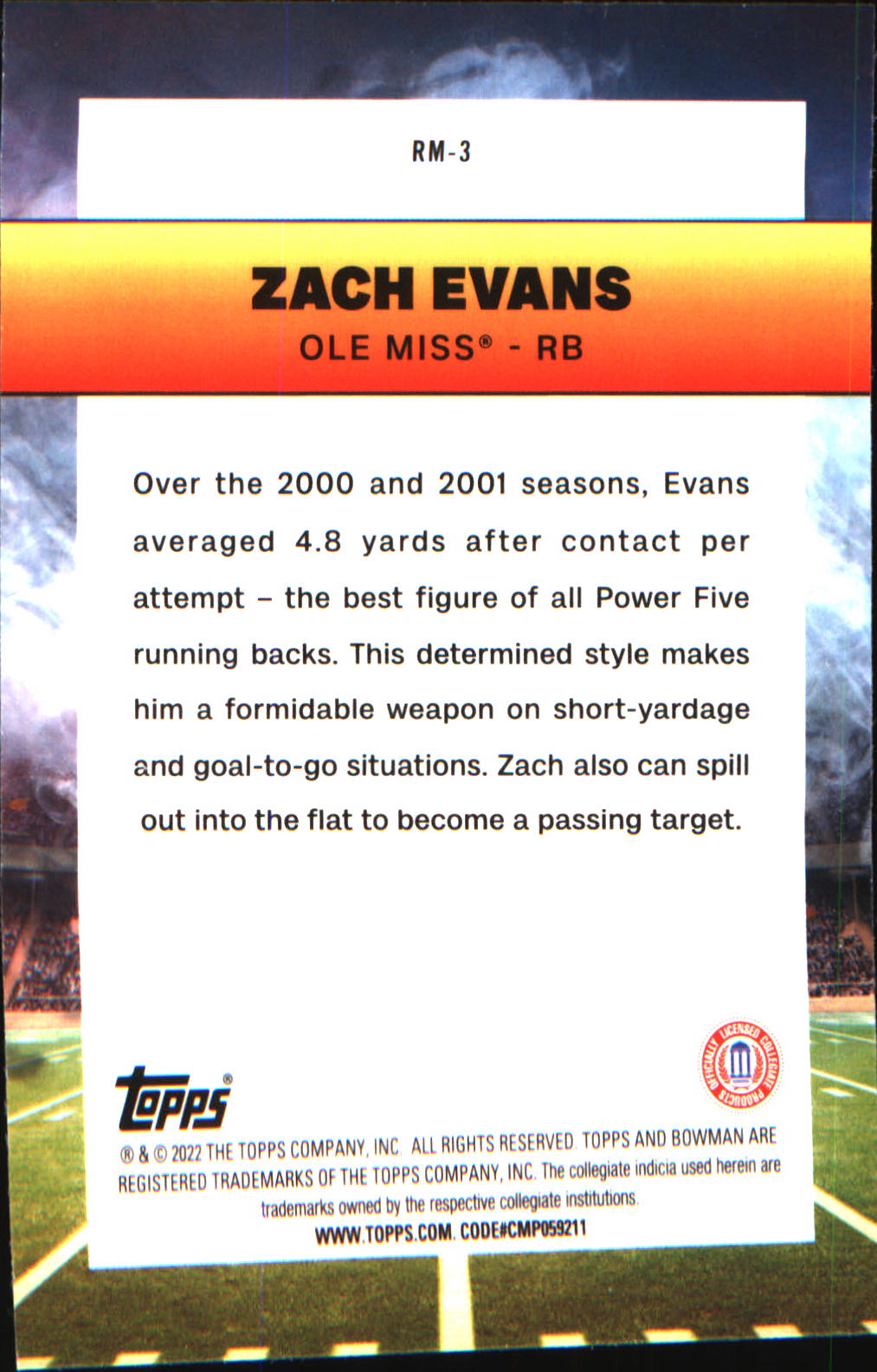 2022 Bowman University Chrome Ramblin' Man #RM-3 Zach Evans - Veteran Sports Cards FL