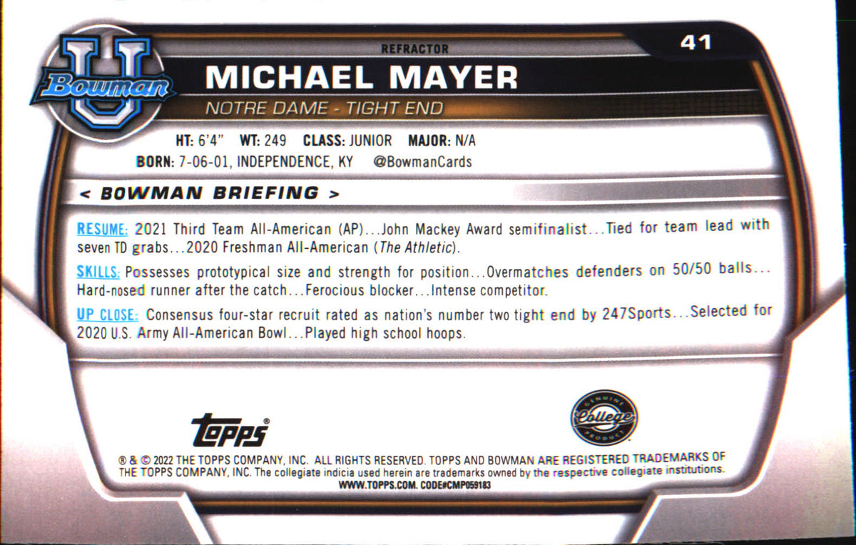 2022 Bowman University Chrome Refractor #41 Michael Mayer - Veteran Sports Cards FL