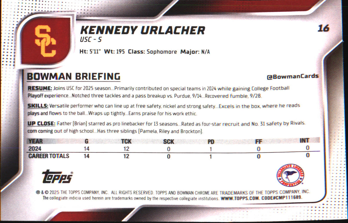 2025 Bowman University Chrome Pink Lava Refractor #16 Kennedy Urlacher - Veteran Sports Cards FL