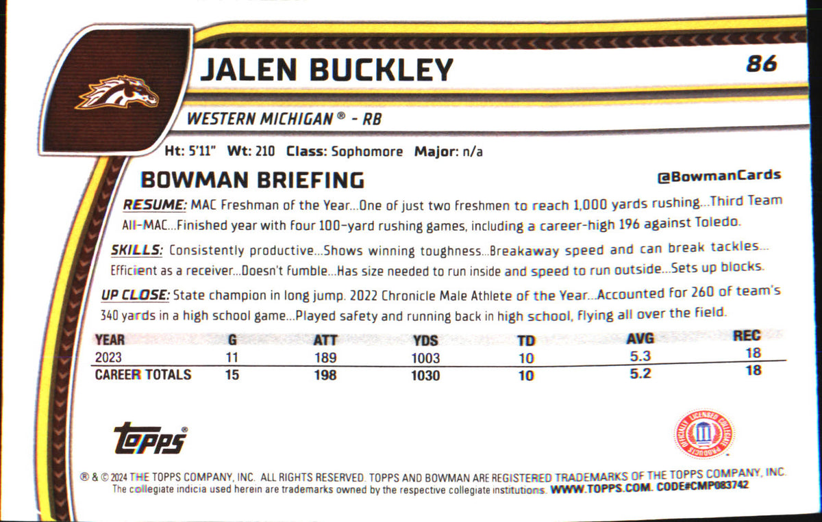 2024 Bowman University Chrome X-Fractor #86 Jalen Buckley - Veteran Sports Cards FL