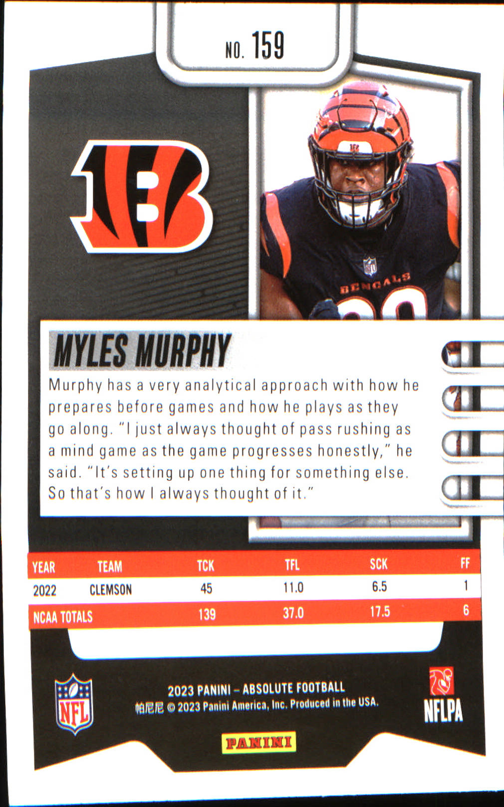 2023 Panini Absolute Retail #159 Myles Murphy Rookie Rookie - Veteran Sports Cards FL